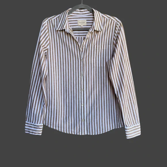 SEZANE Camel Tan & White Ecru Linen Cotton Striped Button Down Tomboy Shirt - Picture 5 of 17